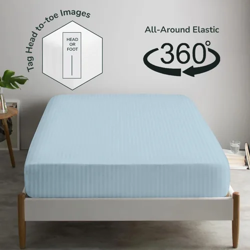 Miniatura 4 de Feather & Stitch - Sábana bajera ajustable de 100 % algodón, tejido satén de damasco, transpirable a rayas, sábana elástica para colchón de 18