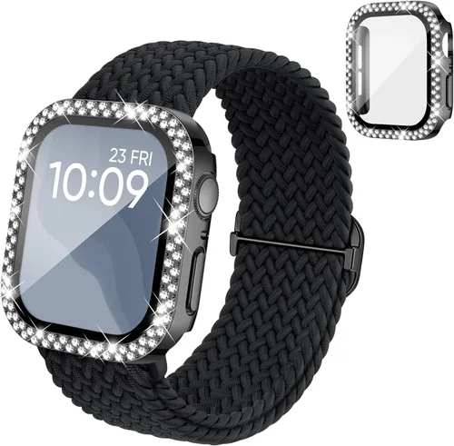 Correa trenzada elástica compatible para bandas de Apple Watch para mujeres y estuche de 40 mm, 41 mm, 42 mm, 44 mm, 45 mm, 46 mm, protector de