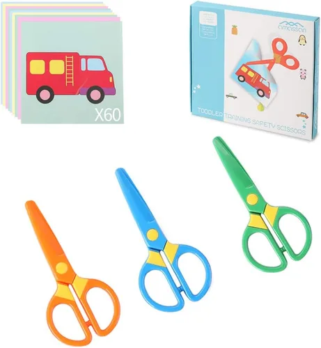 Juego de 3 tijeras de seguridad para niños pequeños, tijeras de entrenamiento preescolar seguras para niños y 60 hojas de papel para manualidades,
