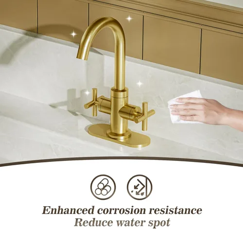 Miniatura 6 de Phiestina SGF0310-BG - Grifo de lavabo de baño de oro cepillado, grifo de tocador de un solo orificio o 3 agujeros, con boquilla giratoria de 360