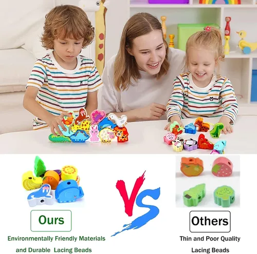 Miniatura 4 de 46 piezas Montessori de madera con cordones de juguetes para niños pequeños, animales educativos para atar frutas, granjas, roscado, cuentas Arcoír