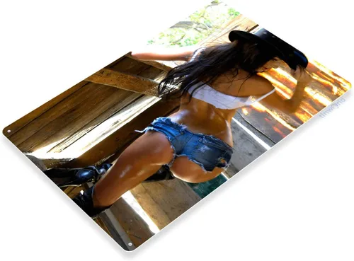 Miniatura 2 de Tinworld Letrero de estaño: Blue Jeans Hot Riders Pin-Up Girl Cowgirl Ranch Farm Shop Barn Metal Sign Decor B405