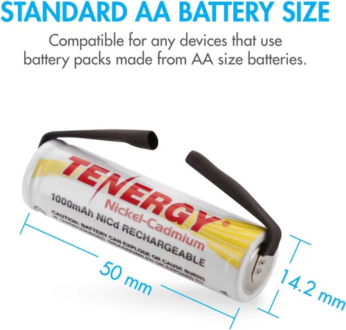 Miniatura 5 de Tenergy Batería recargable AA NiCD de 1.2 V, baterías de alta capacidad de 1000 mAh con pestañas para afeitadoras, recortadoras, maquinillas