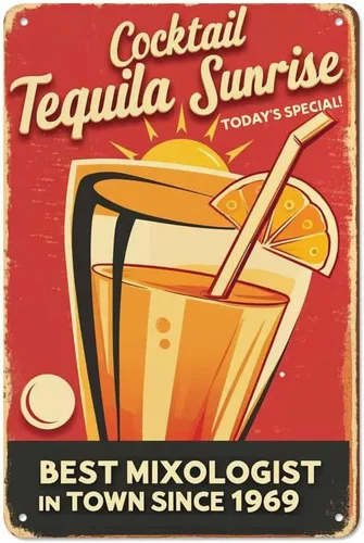 AOYEGO Letrero de lata de bebida de vino, coctel de tequila, amanecer, el mejor mixólogo en la ciudad, rojo, vintage, de metal, para cafeterías,