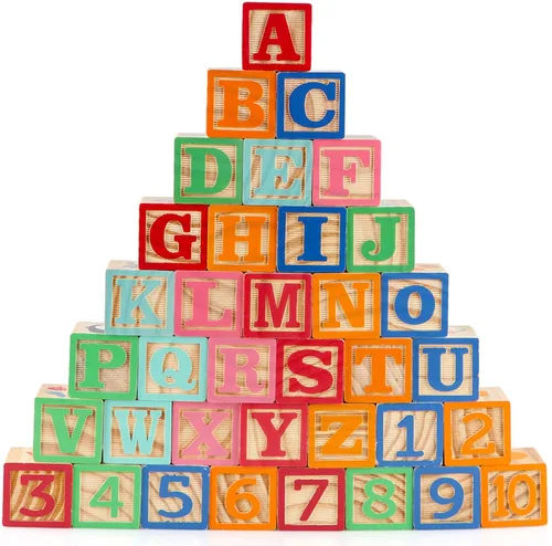 Bloques de construcción de juguete ABC de madera para niños pequeños de 1 a 3 años, 36 bloques de números del alfabeto de madera para apilar,