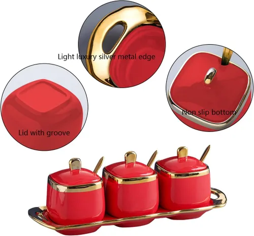 Miniatura 7 de Tazón de azúcar rojo con tapa y cuchara, tarros de cerámica para condimentos y especias con bandeja, tazones para azúcar y sal, juego de 3