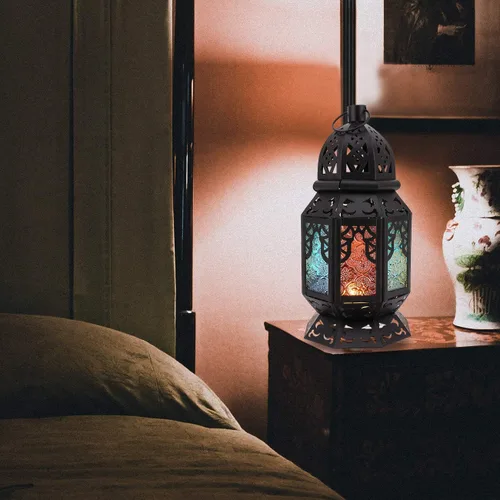 Miniatura 3 de Lewondr Farol de vela retro de hierro Ramadán, portátil de hierro forjado marroquí, de 10.2 pulgadas, portavelas decorativo, lámpara colgante