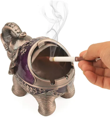 Miniatura 3 de LAUYOO Cenicero decorativo de elefante con tapa para cigarrillos, cenicero de metal para fumar, portacentizas para fumadores, resistente al viento