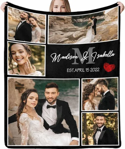 Miniatura 17 de Manta de fotos personalizada, manta de pareja de boda, con texto en inglés «He Asked And She Said Yes», 4 fotos, manta de boda, regalo romántico