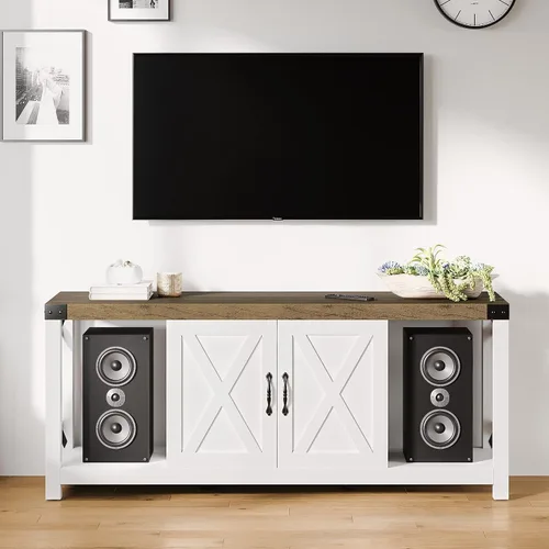 Miniatura 3 de IDEALHOUSE Soporte de TV blanco de 59 pulgadas para TV de hasta 65 pulgadas, gabinete de TV de madera de granja, centro de entretenimiento