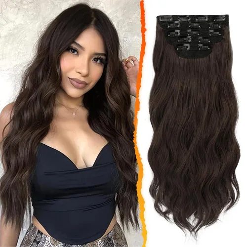 Miniatura 34 de BARSDAR Extensiones de cabello ondulado con clip, color marrón chocolate oscuro, extensiones de cabello con clip de 20 pulgadas para mujer, 5 piezas