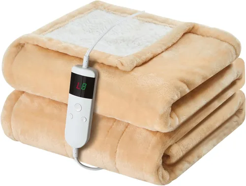 Manta térmica eléctrica de 50 x 60 pulgadas, manta eléctrica de franela suave y sherpa con 10 niveles de calefacción, se apaga automáticamente