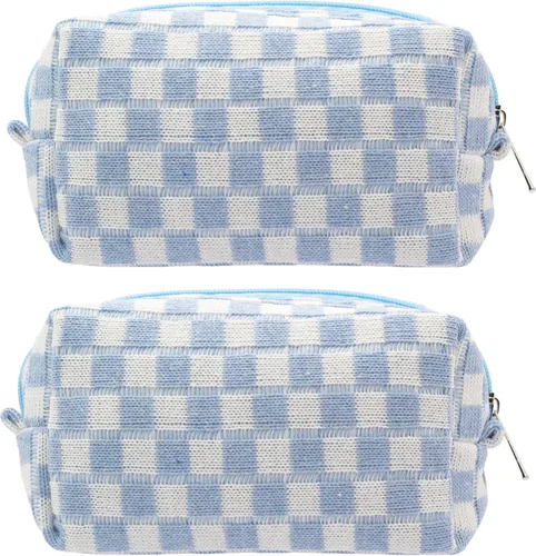 Miniatura 25 de PAZIMIIK Bolsa de Maquillaje a Cuadros para Bolso Portátil con Cremallera, Estuche Pequeño de Cosméticos para Accesorios de Viaje, Azul Ártico