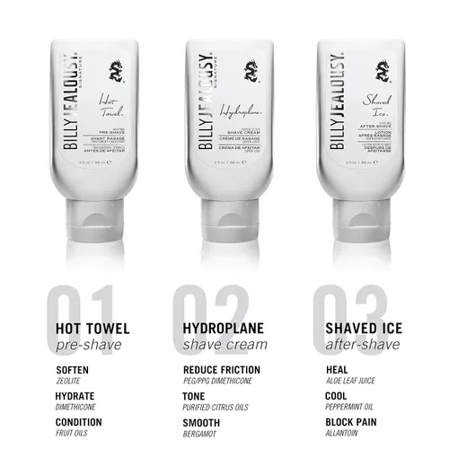 Miniatura 6 de Billy Jealousy Shave3some Trio - Kit de afeitado de tamaño de viaje para hombres con calentamiento preafeitado, crema de afeitado súper resbaladiza