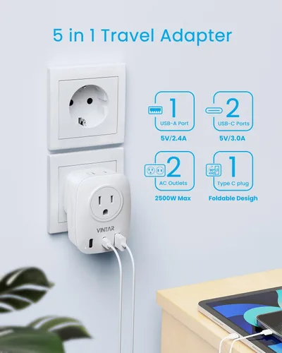 Miniatura 5 de VINTAR - Paquete de 2 adaptadores de enchufe de viaje europeo, enchufe internacional plegable con 2 salidas de CA, 3 puertos USB (2 USB C), cargador