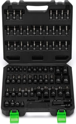 TecoTek Juego de 67 piezas Master Torx Bit Socket y Enchufe Torx Externo, unidades de 1/4", 3/8" y 1/2", acero S2 y Cr-V, E4 - E24, T6 - T70, TT6 -