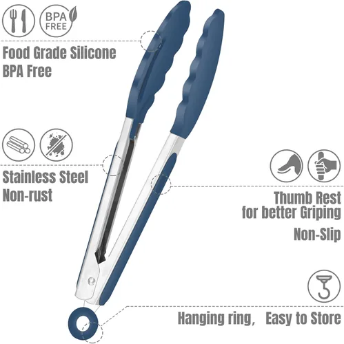 Miniatura 4 de Hotec Pinzas de cocina de silicona para cocinar, pinzas pequeñas de 7 pulgadas con puntas de silicona, juego de 3 (azul)
