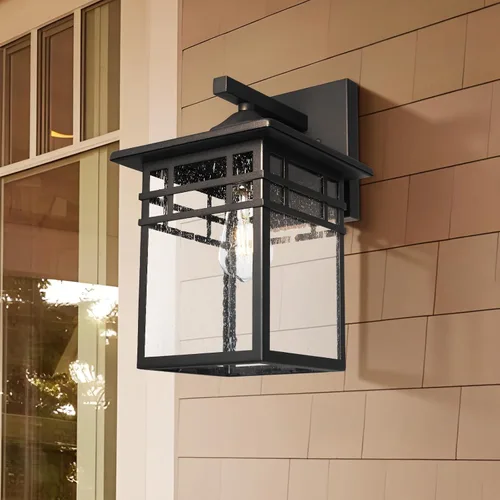 Miniatura 5 de Lámpara de pared para exteriores, apliques de pared negros con vidrio sembrado para porche delantero, farol de pared cuadrado grande de 9 pulgadas