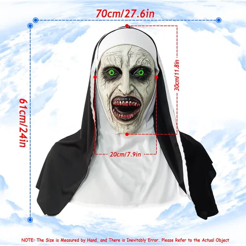 Miniatura 3 de Máscara de terror de monja 2024, máscara de disfraz de cabeza completa con collar de cruz para fiesta de Halloween
