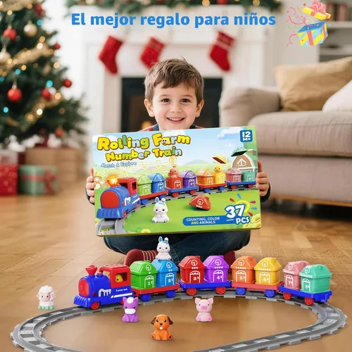 Miniatura 7 de Juguetes de aprendizaje para niños de 1, 2, 3 años, juego de tren de granja eléctrico para niñas de 2 a 4 años, juguete de tren Montessori para Azul