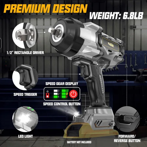 Miniatura 5 de Llave de impacto inalámbrica de 1/2 pulgada compatible con batería Dewalt de 20 V, 1600 pies-libras (2200 N.m), pistola de impacto de alto par