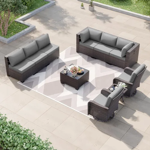 Miniatura 50 de Kurapika juego de muebles de patio 4 piezas de mimbre al aire libre, sillas de ratán, juego informal con mesa de café, juego de bistró con mecedora