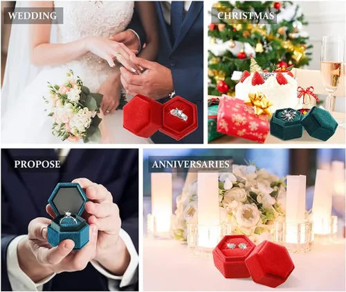 Miniatura 7 de Caja hexagonal de terciopelo para anillos con doble anillo, elegante caja de almacenamiento de joyas para propuestas, compromiso, aniversario, Blanco