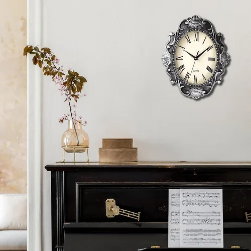 Miniatura 4 de AYRELY Reloj de pared rústico ovalado de 14 pulgadas, funciona con pilas, reloj silencioso de estilo rústico que no hace tictac, decorativo