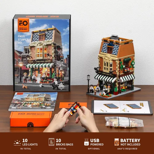 Miniatura 6 de Funwhole Set de Construcción de Café-Librería con Luces LED - Conjunto de Ladrillos de Construcción Modular de Modelo de Casa de Café de Ciudad