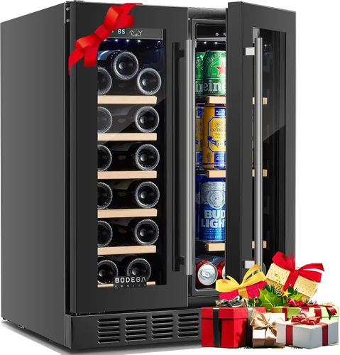 BODEGA Refrigerador de bebidas negro, enfriador de vino y bebidas de doble zona de 24 pulgadas debajo del mostrador, refrigerador de bebidas para