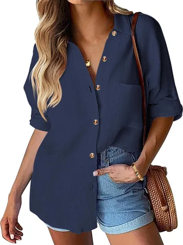 Miniatura 19 de HOTOUCH Camisa de manga larga con botones de lino para mujer, blusa de algodón casual, holgada, con cuello, para trabajo, de gasa, con bolsillo