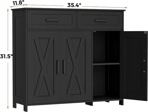 Miniatura 2 de Homhedy Aparador de buffet, gabinete de almacenamiento de barra de café con cajones y puertas, armario de cocina de granja con estantes ajustables