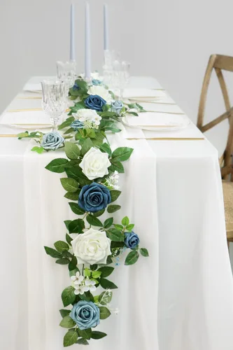 Miniatura 5 de PONATIA Guirnalda de flores artificiales de rosas hechas a mano de 5 pies, guirnalda de flores azul polvoriento y follaje para ceremonia de boda
