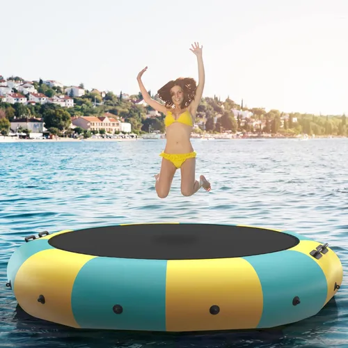 Miniatura 10 de GYMAX Trampolín de agua, trampolín flotante para lago con bomba eléctrica y escalera de cuerda, gorila de agua inflable para lago, resistente