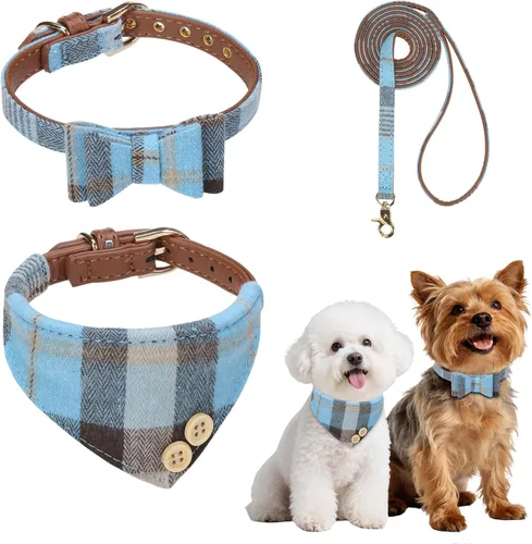 BINGPET Juego de collar y correa para perros pequeños, collar y correa ajustable a cuadros para perros machos y hembras, bonito juego de collar Azul