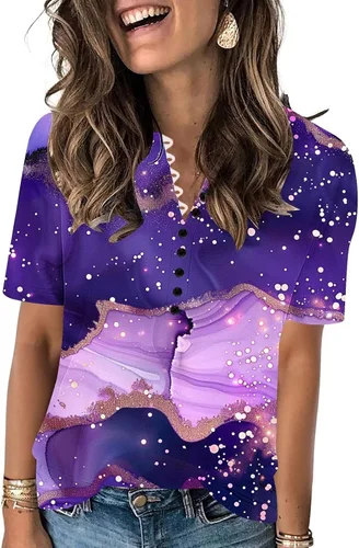 Miniatura 161 de Summer Shirts for Women 2025 Plus Size Short Sleeve Henley Tops Marble Floral Loose Tshirt Tee Casual Dressy Tunics