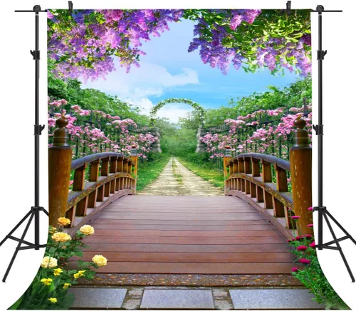 Coloridas flores flor fotografía telón de fondo de madera puente floral jardín fondo vinilo 5x7ft fotografía accesorios HXPH010