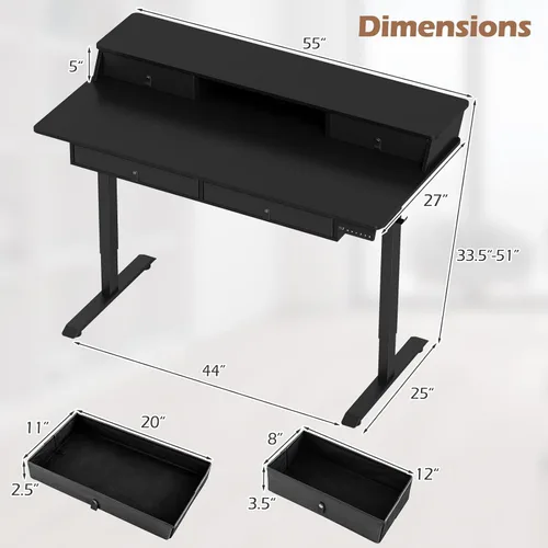 Miniatura 3 de Tangkula 55-Inch Electric Standing Desk with 4 Storage Drawers & Monitor Stand, Height Adjustable Stand Up Desk with 3 Memory Heights & Hook