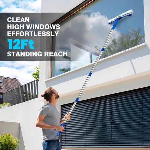 Miniatura 2 de ARTIPOLY Escobilla para limpieza de ventanas, escobilla extra grande de 14 pulgadas y combo de limpiador de microfibra con poste de acero inoxidable