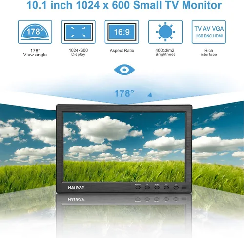 Miniatura 3 de Haiway Monitor de seguridad de 10.1 pulgadas, resolución de 1024 x 600, pequeño monitor HDMI, monitores de computadora pequeños con control remoto