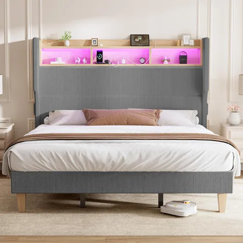 Miniatura 9 de HOMRELEXA Base de cama tamaño matrimonial para niñas con cabecera de 51 pulgadas de alto, luces LED y estación de carga, plataforma tapizada de pana