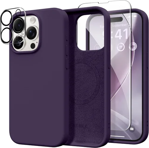 Miniatura 28 de GONEZ Funda de silicona para iPhone 14 Pro Max, compatible con MagSafe, con protector de pantalla + protector de lente de cámara, silicona líquida a