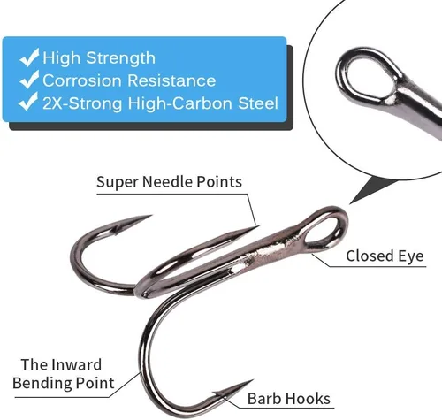 Miniatura 2 de UCEC Kit de Ganchos de Pesca, Ganchos Treble de Acero de Alto Carbono Fuertes y Agudos de Curva Redonda para Agua Salada y Agua Dulce, para Trucha