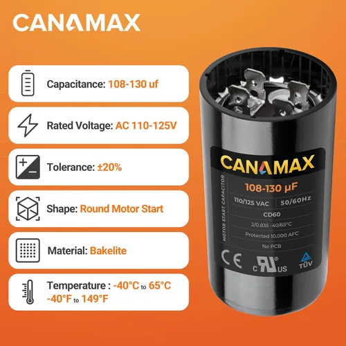 Miniatura 3 de 108-130 uf 108/130 MFD 110-125 VCA Voltios CD60 Condensador de arranque de motor redondo 50/60 Hz AC Eléctrico - Compatible con condensadores