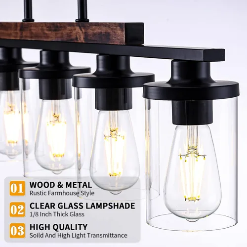 Miniatura 4 de Lámpara de Araña Lineal Moderna de Granja de 5 Luces para Isla de Cocina y Comedor – Luminaria Colgante Rústica Ajustable con Marco de Metal Negro