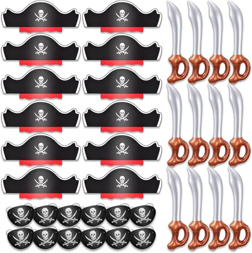 Miniatura 8 de Legigo Juego de 18 piezas divertidas de fiesta pirata, incluye 6 sombreros de pirata, 6 parches para ojos, 6 espadas inflables para fiesta pirata