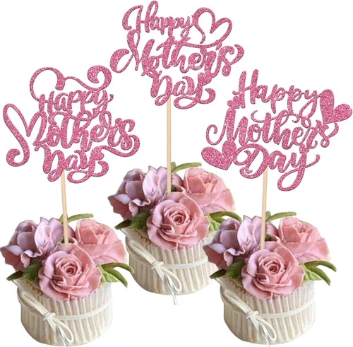 Miniatura 11 de Rsstarxi 1 paquete de decoración para pastel con flores de purpurina con doble corazón Love Mom Best Mom Best Mom Cake Pick Decoraciones para feliz
