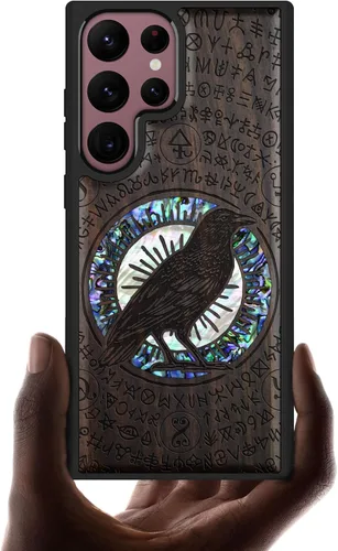 Carveit Funda de madera para Samsung Galaxy S22 Ultra [grabado de madera e incrustaciones de carcasa] Funda de madera compatible con cargadores