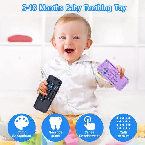 Miniatura 4 de Mordedores de silicona suave para teléfono celular para bebés, juguetes de dentición de 0 a 12 meses, mordedor infantil para lactancia materna Negro