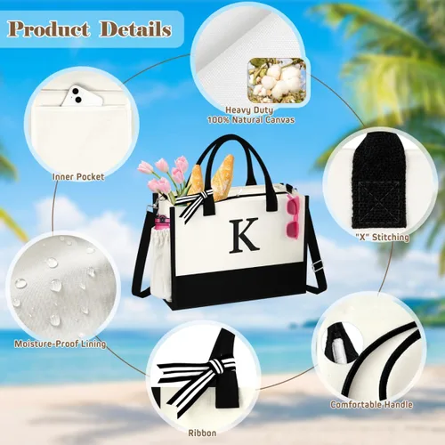 Miniatura 6 de Regalos para el día de la madre para mujeres, bolsa de lona con inicial para mujeres, regalos de cumpleaños personalizados para mamá, amigas